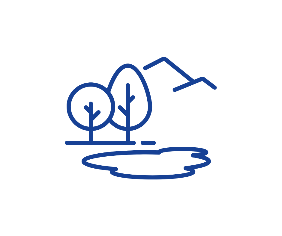 Blaue Strichzeichnungen-Ikone: Bäume, Teich und Bergkette. Naturlandschafts-Illustration.