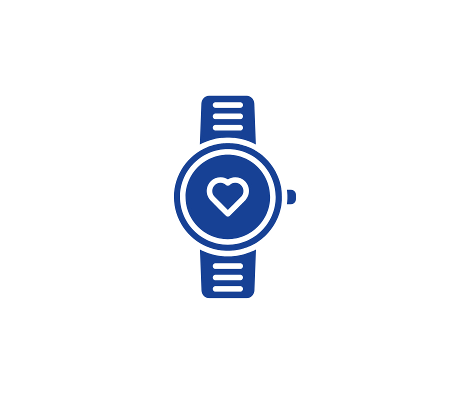 Blaues Smartwatch-Symbol mit einem Herzsymbol für Fitness-Tracking und Gesundheitsüberwachung.
