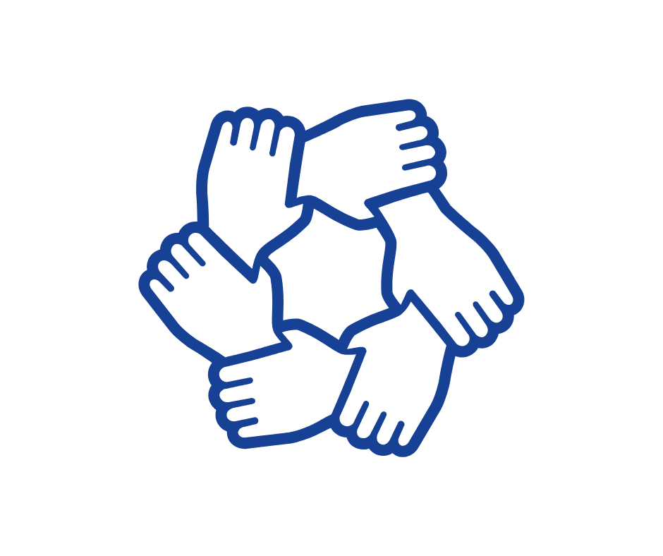 Blaues Symbol von sechs Händen, die in einem Kreis verbunden sind, was Teamwork, Zusammenarbeit und gemeinschaftliche Unterstützung symbolisiert.