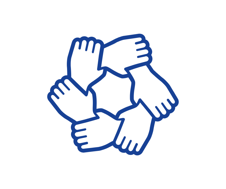 Blaues Symbol von sechs Händen, die in einem Kreis verbunden sind, was Teamwork, Zusammenarbeit und gemeinschaftliche Unterstützung symbolisiert.