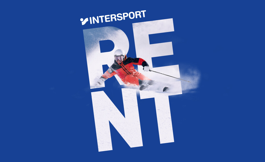 Intersport-Skiverleih-Werbung mit Skifahrer auf verschneiter Bergpiste.