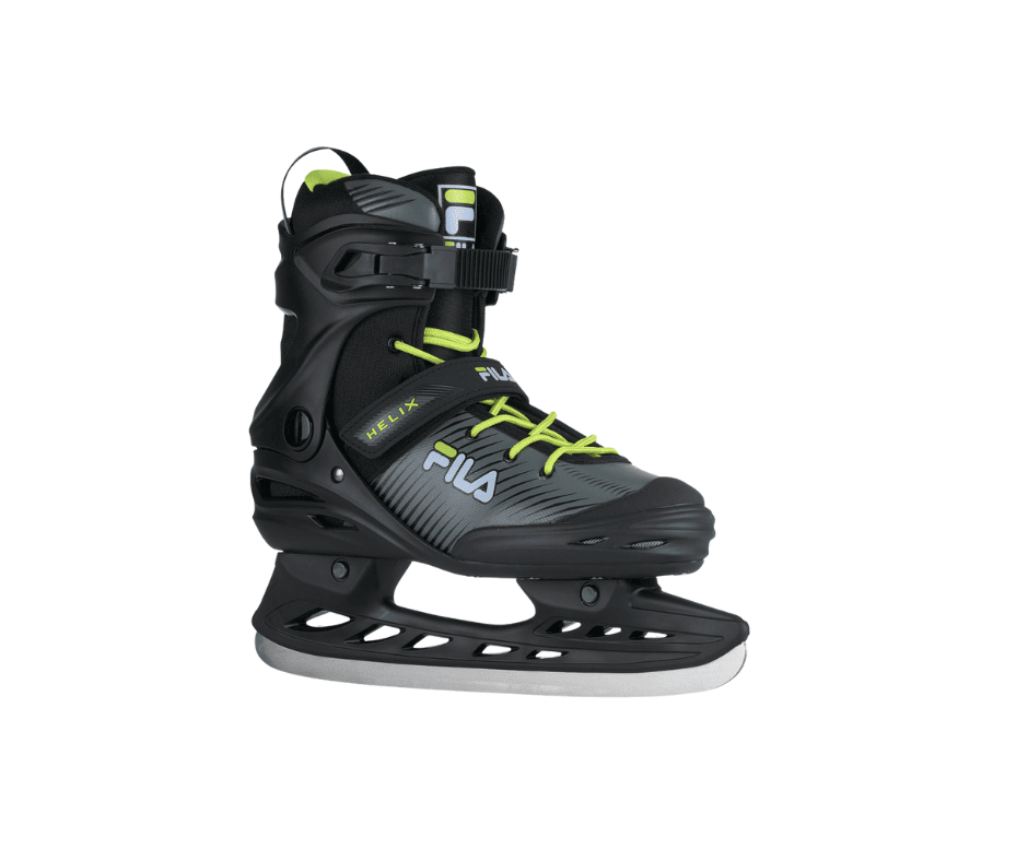 Fila Helix Eislaufschuh, schwarz und grau mit neongrünen Schnürsenkeln, für Freizeit-Eislaufen.
