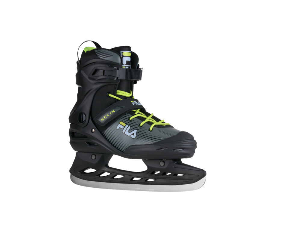 Fila Helix Eislaufschuh, schwarz und grau mit neongrünen Schnürsenkeln, für Freizeit-Eislaufen.