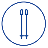 Blaues Skistock-Symbol in einem weißen Kreis, das Skiausrüstung und Wintersport symbolisiert.