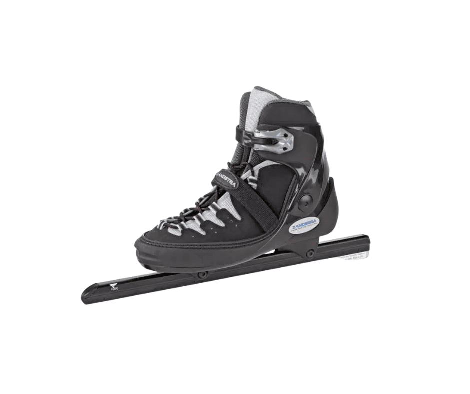 Schwarz-grauer Inline-Speedskate mit hohem Schaft und schlanker Kufe für Rennen oder Fitness-Skating.