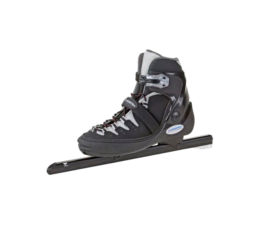 Schwarz-grauer Inline-Speedskate mit hohem Schaft und schlanker Kufe für Rennen oder Fitness-Skating.