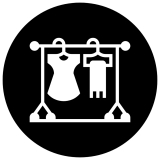 Weißes Symbol eines Kleiderständers mit Kleid und Handtuch auf Kleiderbügeln vor schwarzem Hintergrund.