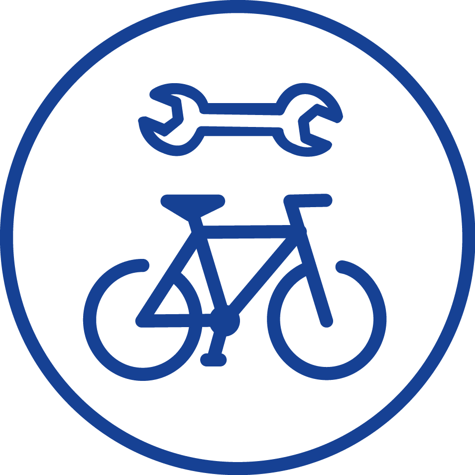 Blaues Symbol für Fahrradreparaturdienst: Fahrrad mit Schraubenschlüssel darüber, symbolisiert die Wartung von Fahrrädern.